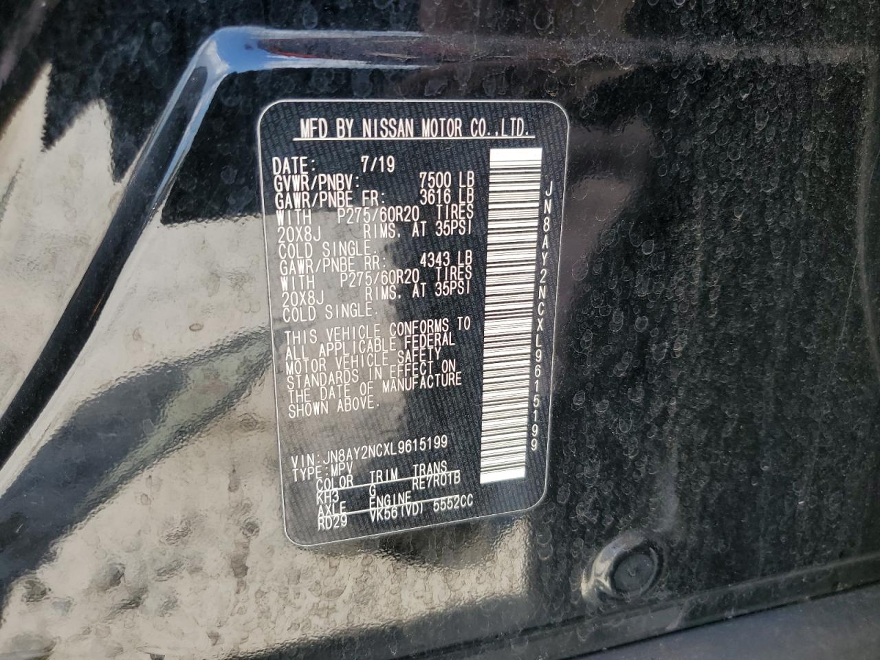 2020 Nissan Armada Sv VIN: JN8AY2NCXL9615199 Lot: 64657585