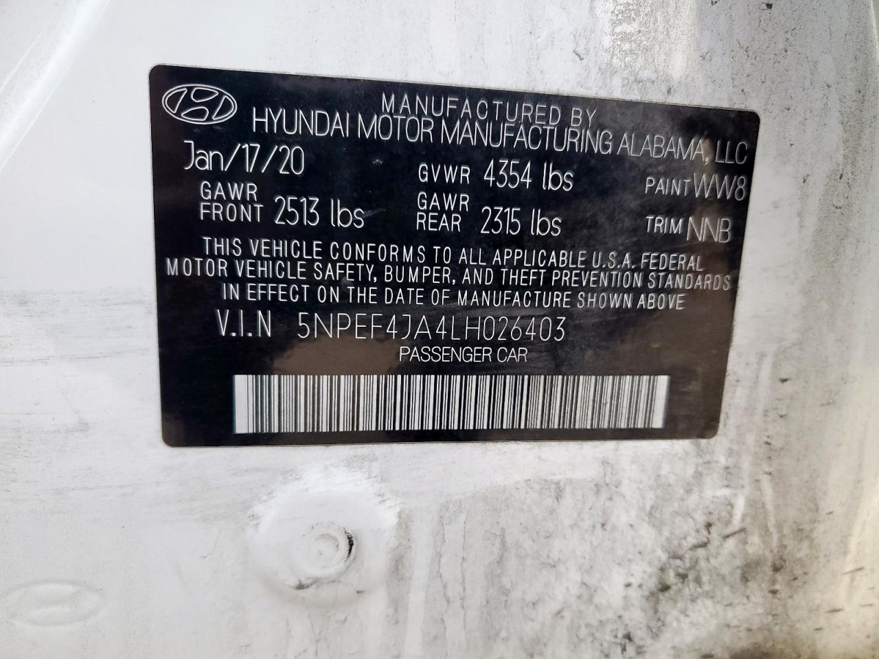 2020 Hyundai Sonata Sel VIN: 5NPEF4JA4LH026403 Lot: 63188795