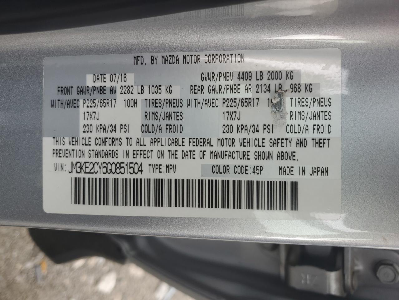 2016 Mazda Cx-5 Touring VIN: JM3KE2CY6G0851504 Lot: 64412215