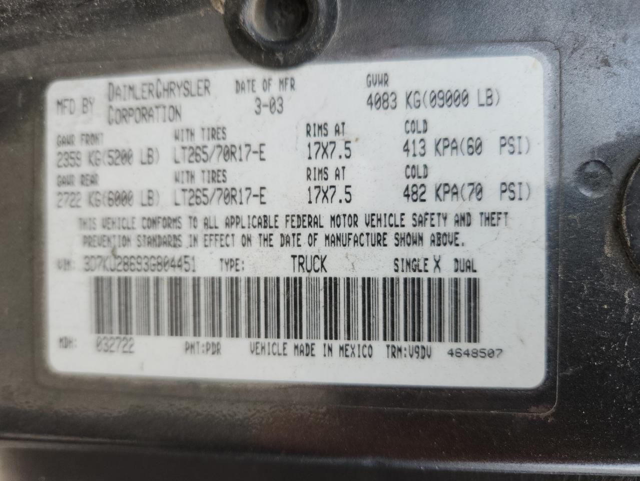 2003 Dodge Ram 2500 St VIN: 3D7KU28693G804451 Lot: 63024465