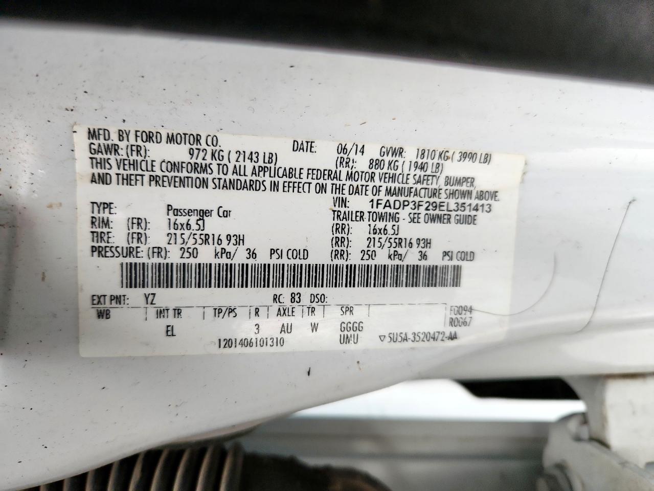 2014 Ford Focus Se VIN: 1FADP3F29EL351413 Lot: 63640655