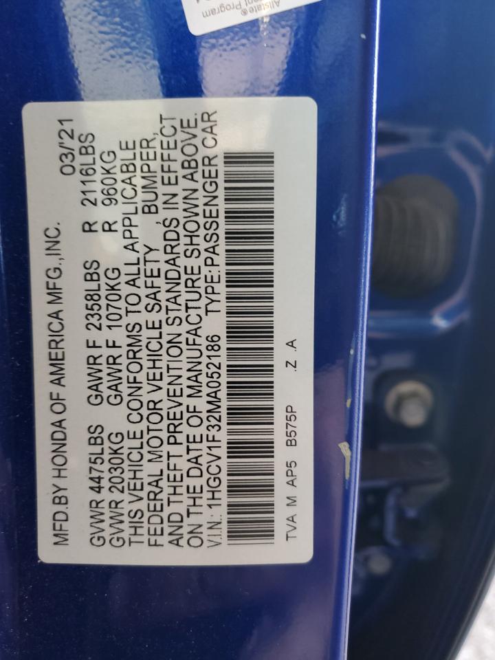 2021 Honda Accord Sport VIN: 1HGCV1F32MA052186 Lot: 64118965