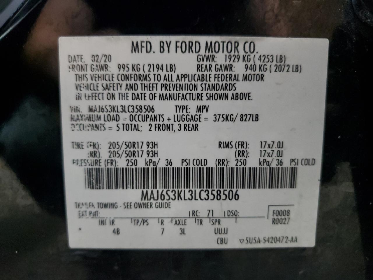 2020 Ford Ecosport Titanium VIN: MAJ6S3KL3LC358506 Lot: 65050775