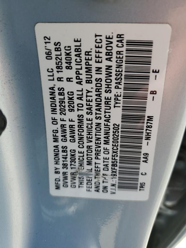 2012 Honda Civic Natural Gas VIN: 19XFB5F5XCE002502 Lot: 64904125
