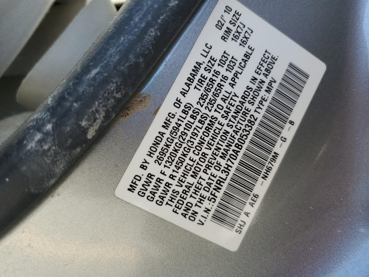 2010 Honda Odyssey Exl VIN: 5FNRL3H70AB053382 Lot: 64895845