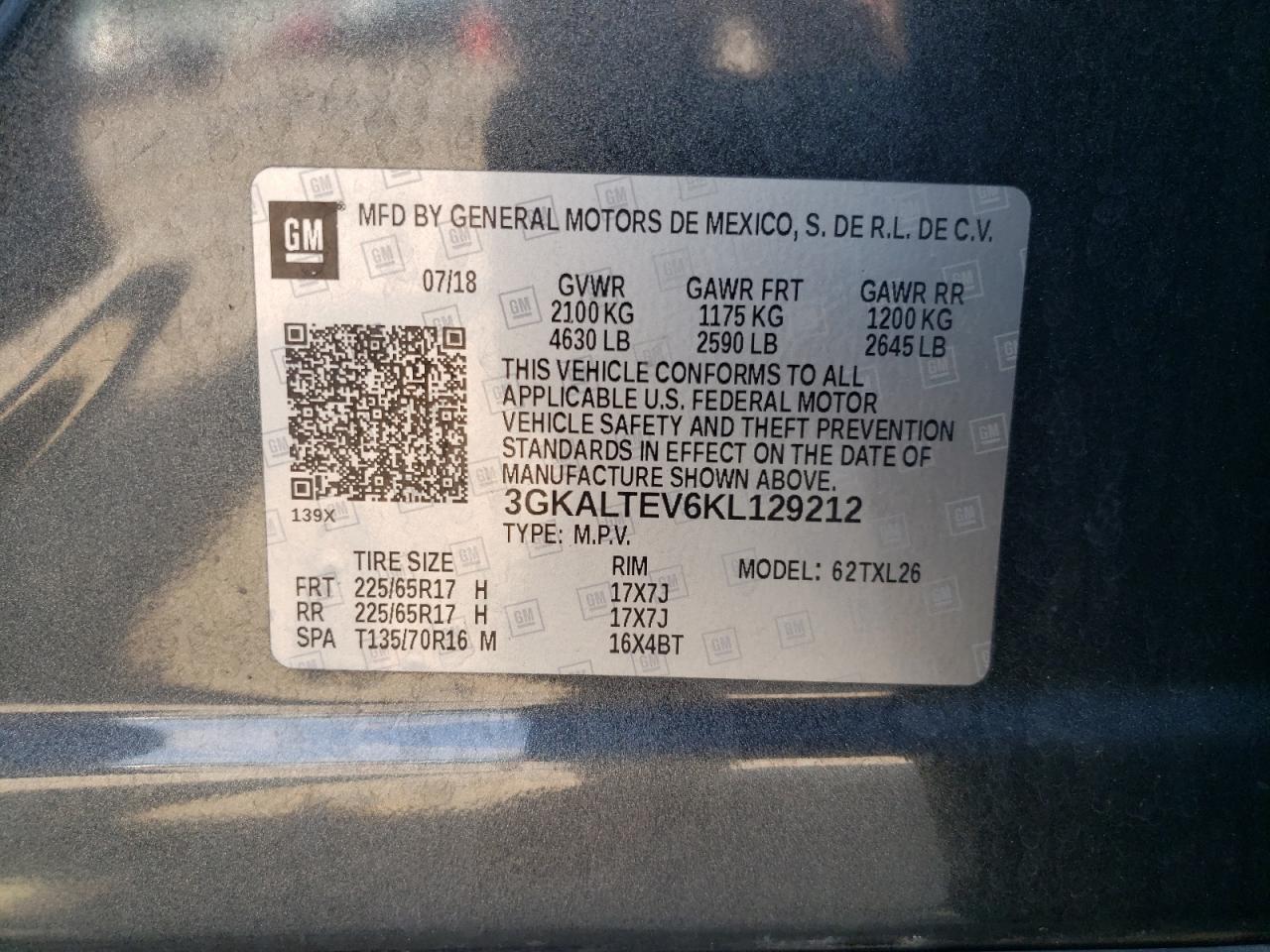 2019 GMC Terrain Sle VIN: 3GKALTEV6KL129212 Lot: 63751675