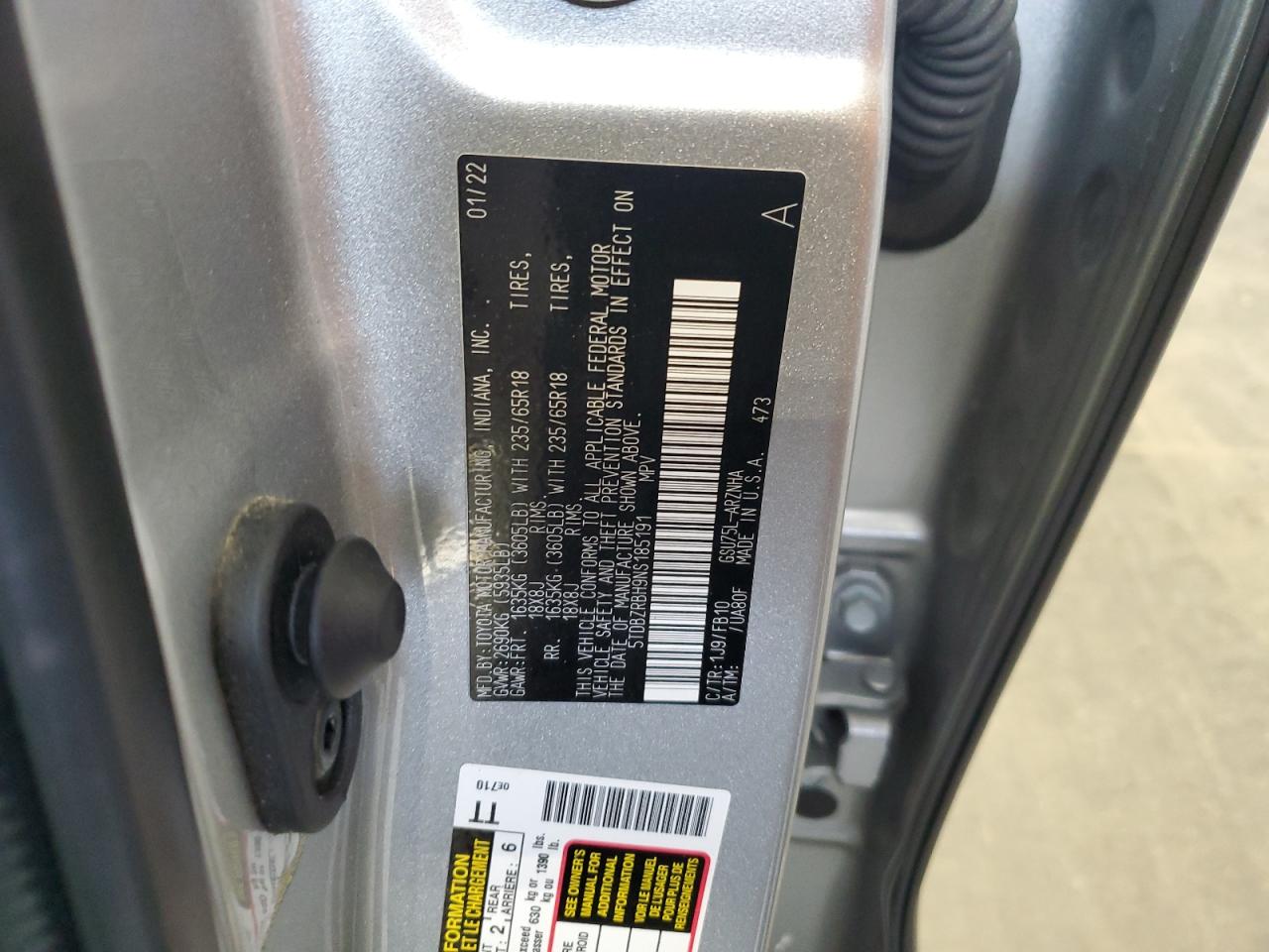 2022 Toyota Highlander L VIN: 5TDBZRBH9NS185191 Lot: 64702165