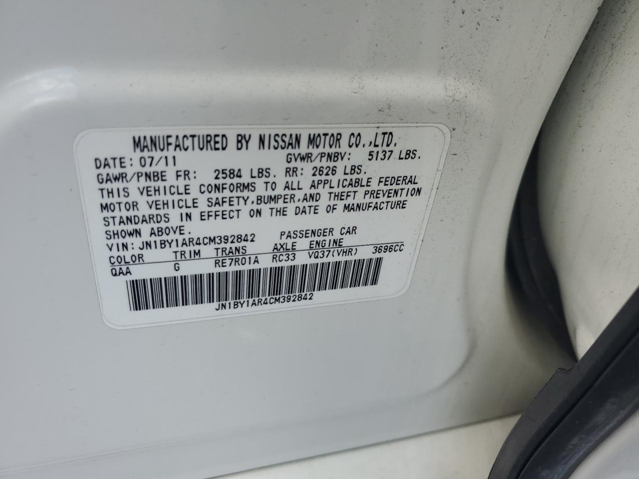 2012 Infiniti M37 X VIN: JN1BY1AR4CM392842 Lot: 65605875