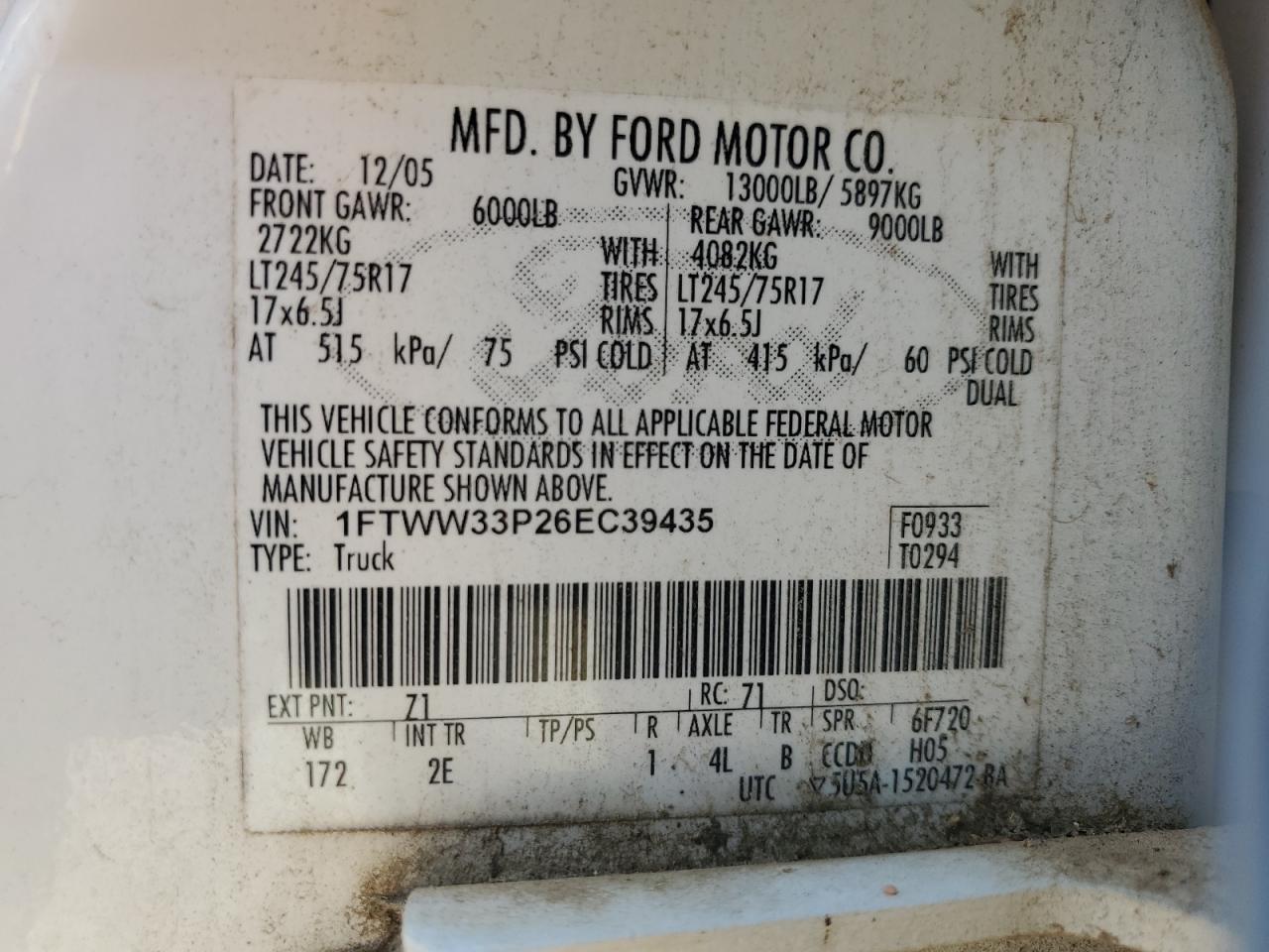 2006 Ford F350 Super Duty VIN: 1FTWW33P26EC39435 Lot: 64308615