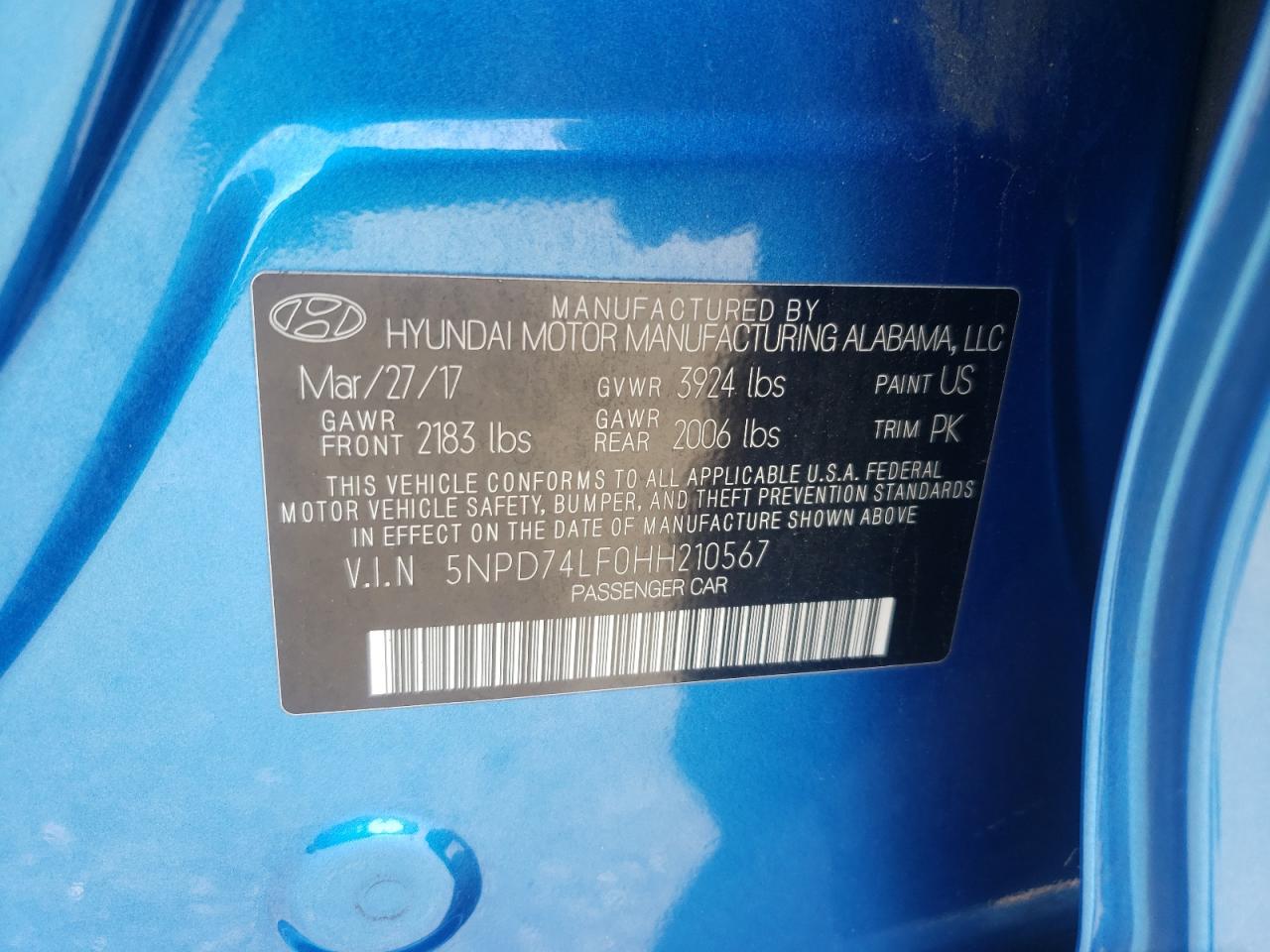 2017 Hyundai Elantra Se VIN: 5NPD74LF0HH210567 Lot: 65568055