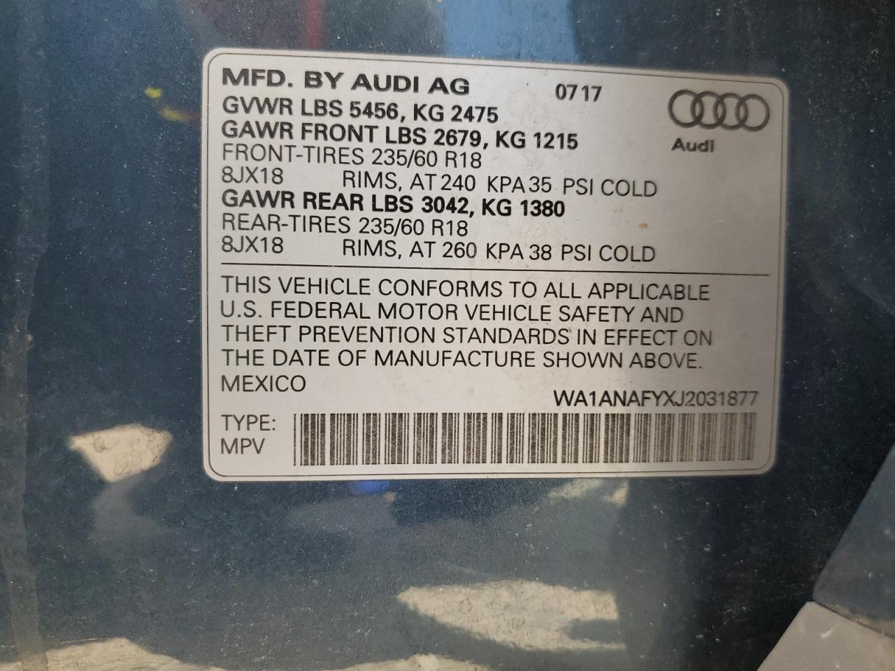 wa1anafyxj2031877 WA1ANAFYXJ2031877 2018 Audi Q5 Premium