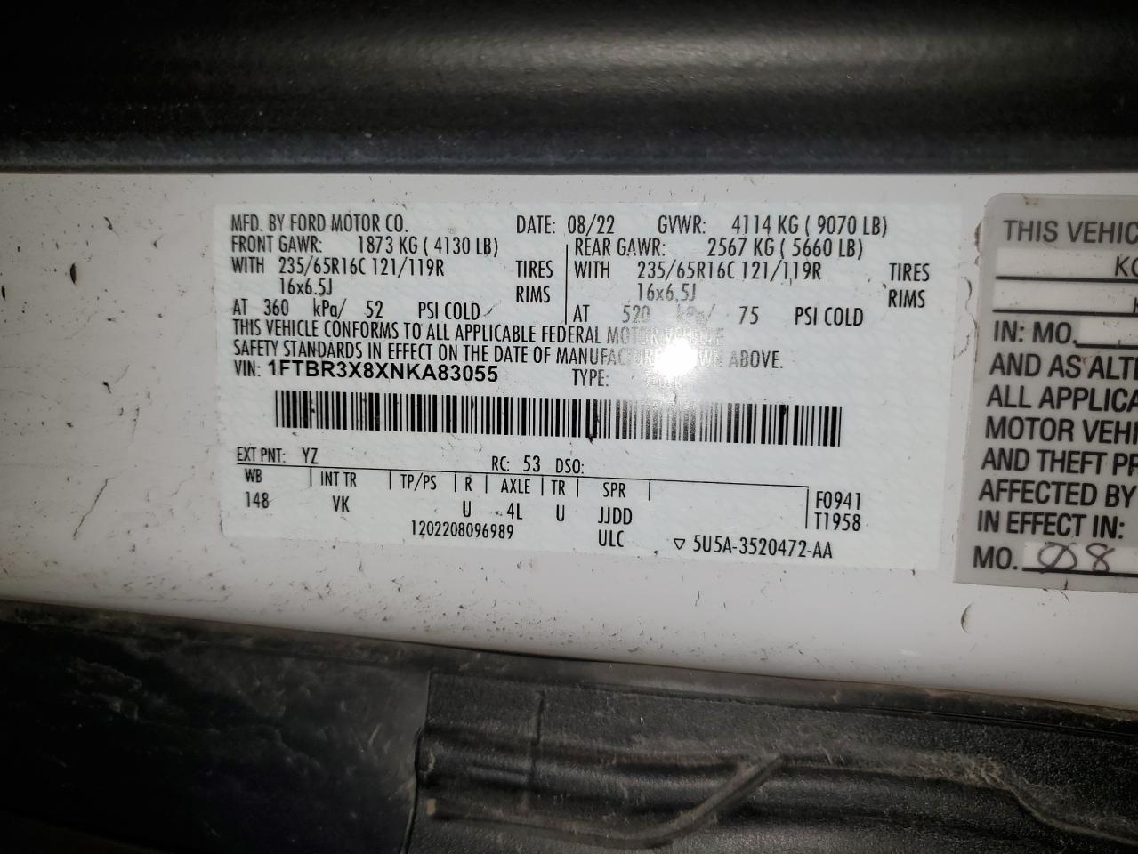 2022 Ford Transit T-250 VIN: 1FTBR3X8XNKA83055 Lot: 64736385