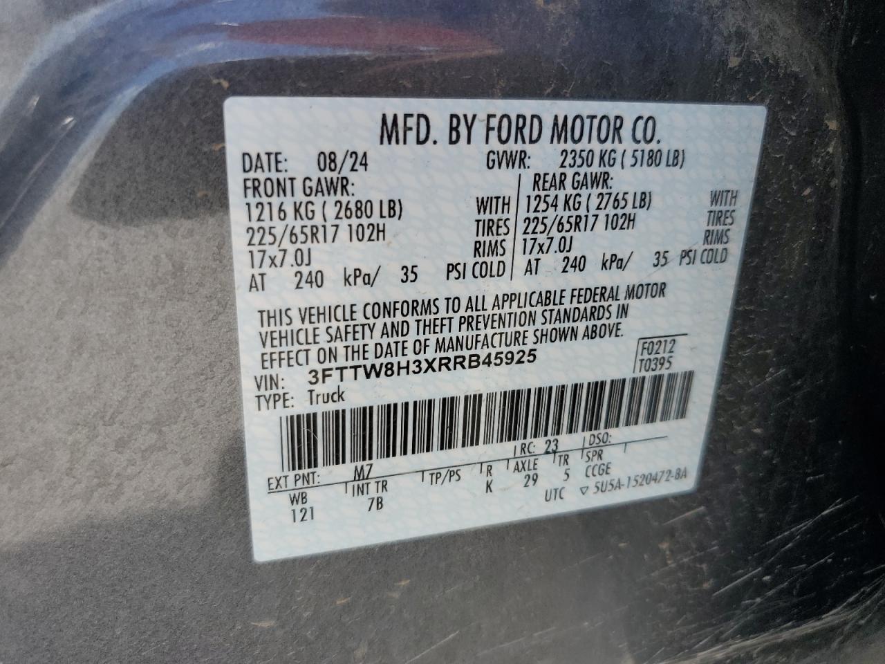 2024 Ford Maverick Xlt VIN: 3FTTW8H3XRRB45925 Lot: 63760125