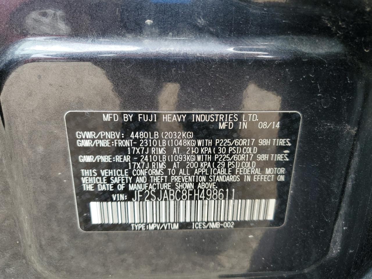 2015 Subaru Forester 2.5I VIN: JF2SJABC8FH498611 Lot: 65146625