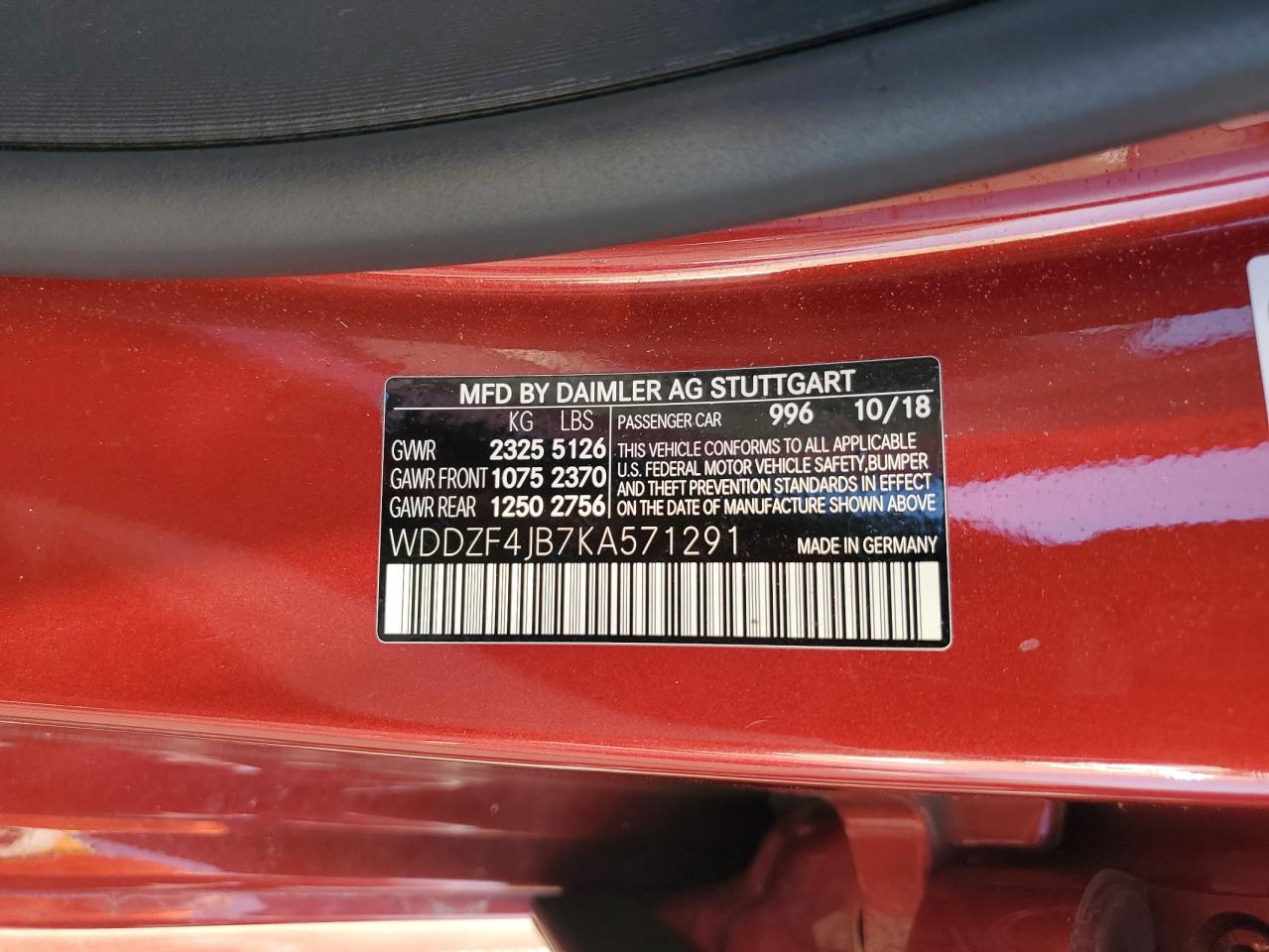 2019 Mercedes-Benz E 300 VIN: WDDZF4JB7KA571291 Lot: 63524725