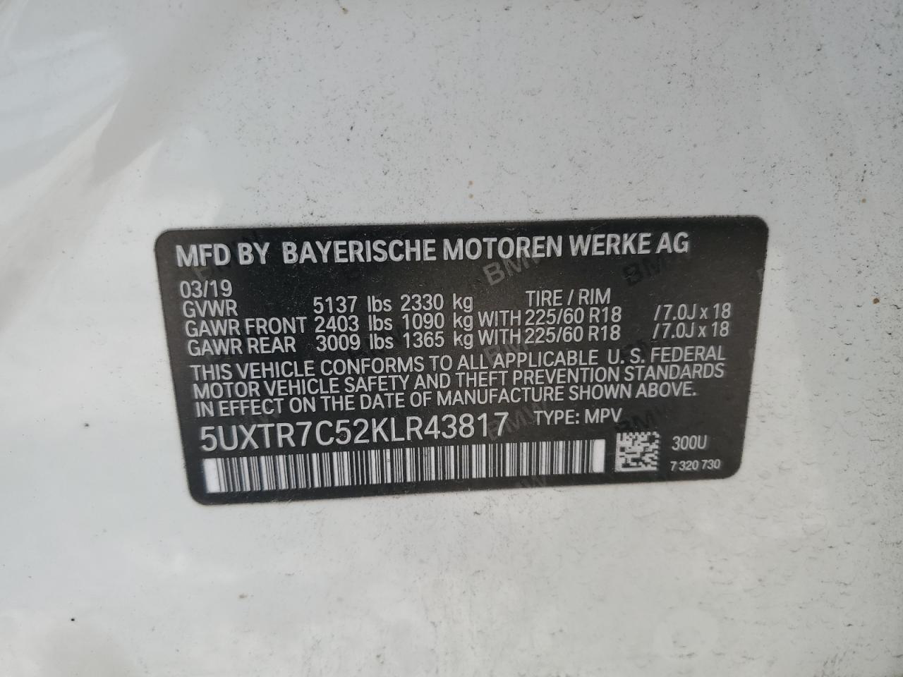 2019 BMW X3 Sdrive30I VIN: 5UXTR7C52KLR43817 Lot: 66211275