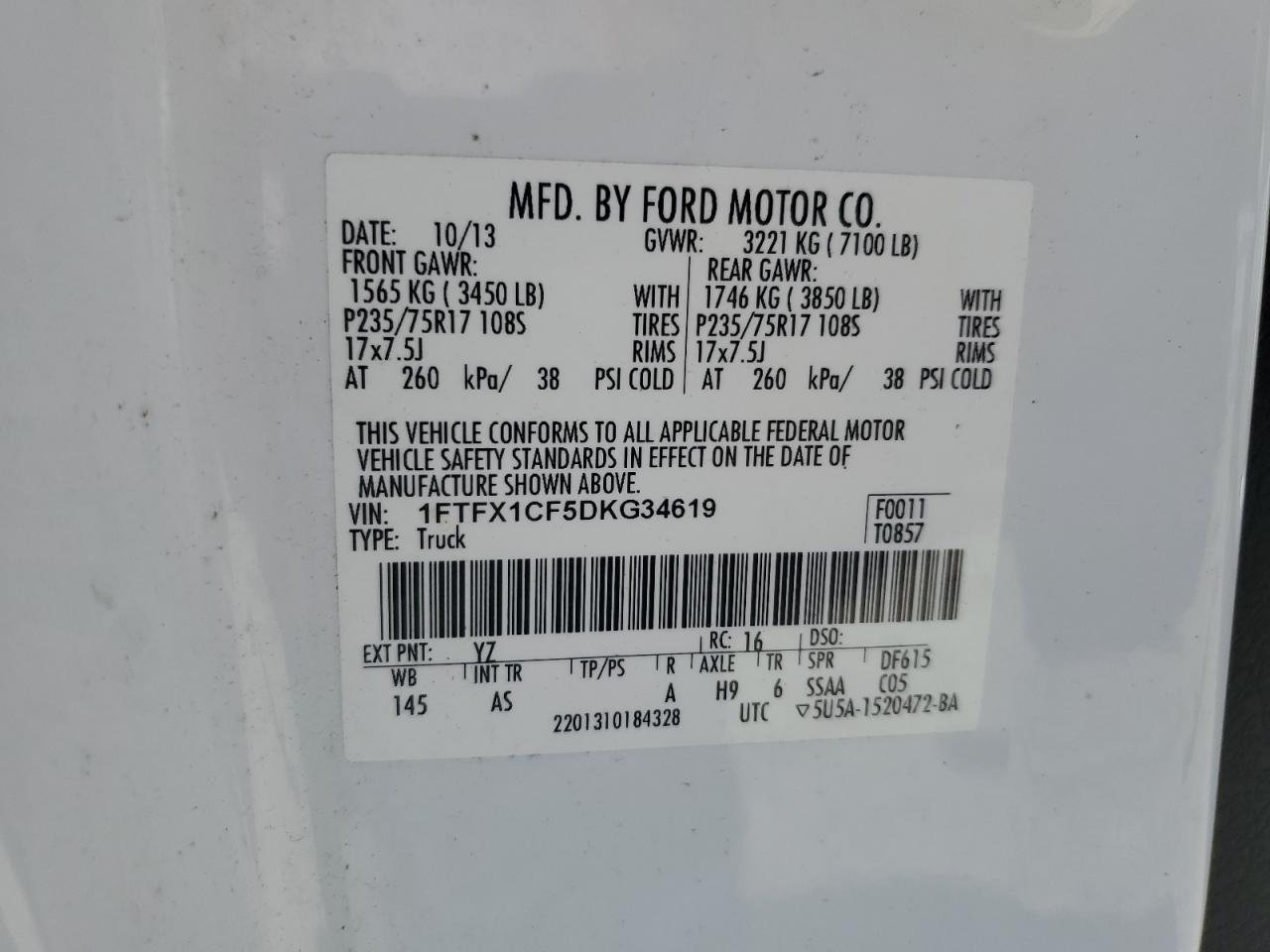 2013 Ford F150 Super Cab VIN: 1FTFX1CF5DKG34619 Lot: 65153865
