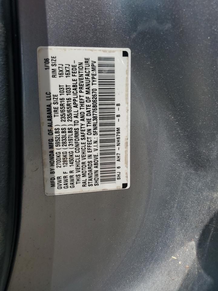 2006 Honda Odyssey Exl VIN: 5FNRL38776B062670 Lot: 64177475