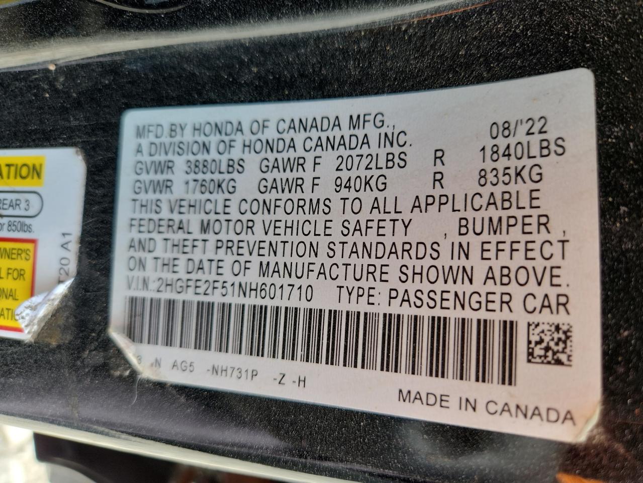 2022 Honda Civic Sport VIN: 2HGFE2F51NH601710 Lot: 64055705