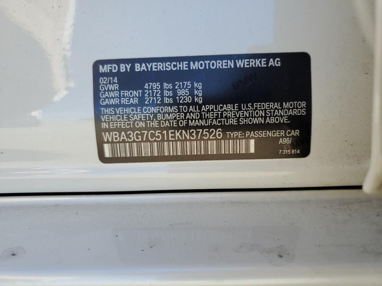 2014 BMW 328 Xi VIN: WBA3G7C51EKN37526 Lot: 63707075