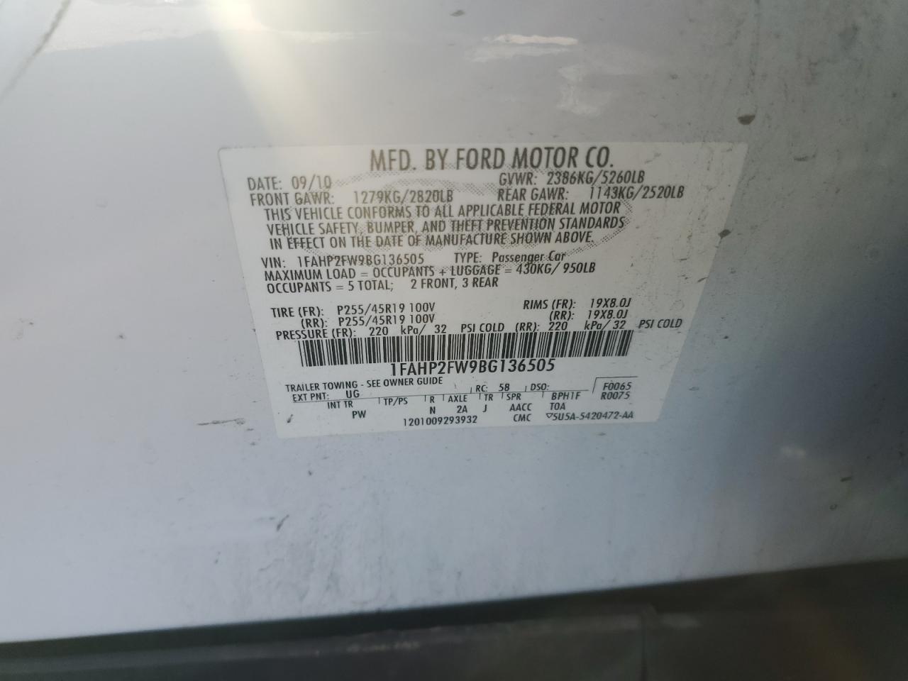 2011 Ford Taurus Limited VIN: 1FAHP2FW9BG136505 Lot: 64661665
