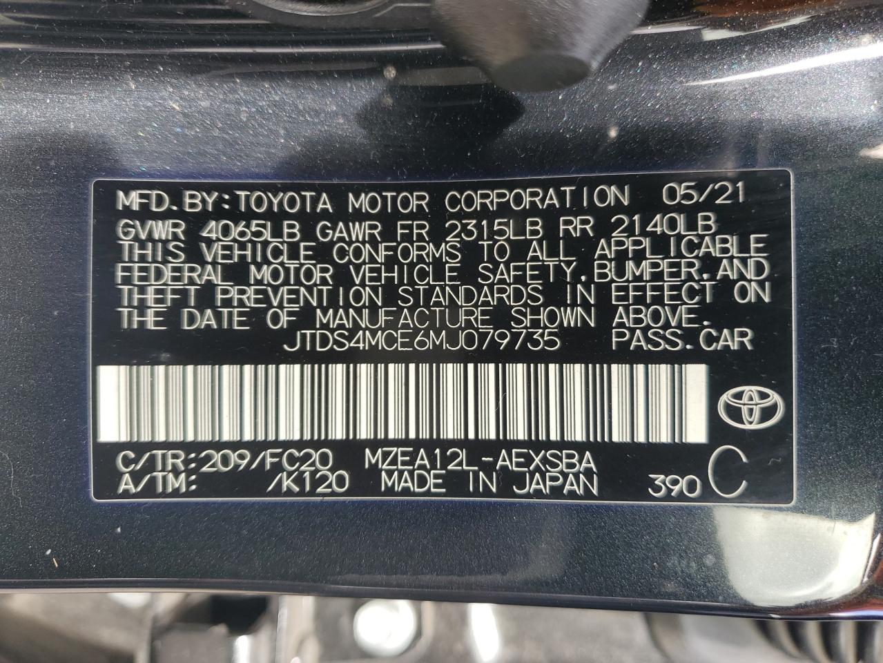 2021 Toyota Corolla Se VIN: JTDS4MCE6MJ079735 Lot: 63057275