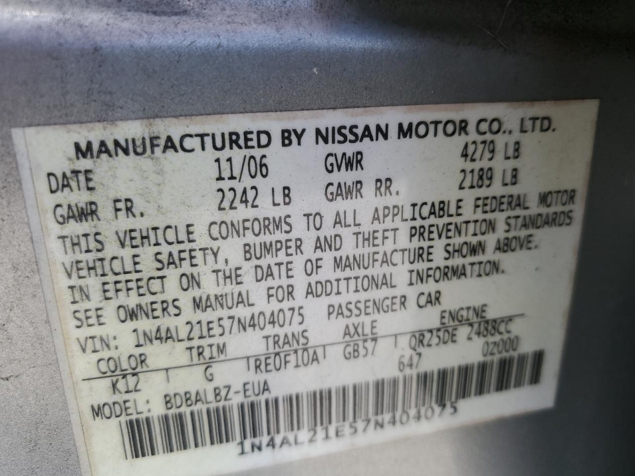 2007 Nissan Altima 2.5 VIN: 1N4AL21E57N404075 Lot: 64719495