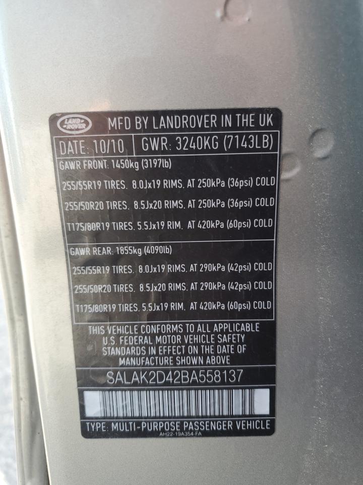 2011 Land Rover Lr4 Hse Luxury VIN: SALAK2D42BA558137 Lot: 63242525