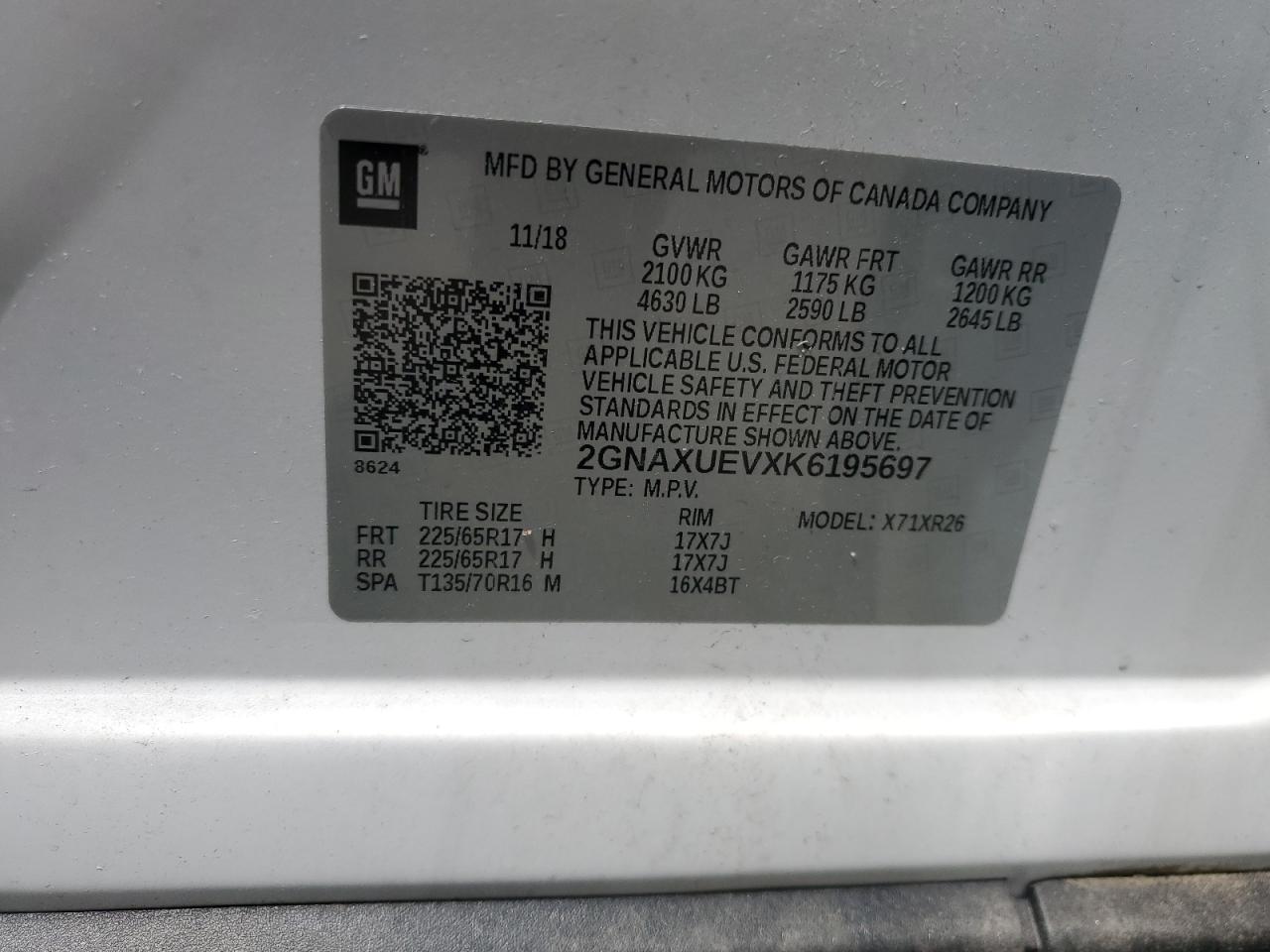 2019 Chevrolet Equinox Lt VIN: 2GNAXUEVXK6195697 Lot: 63790615