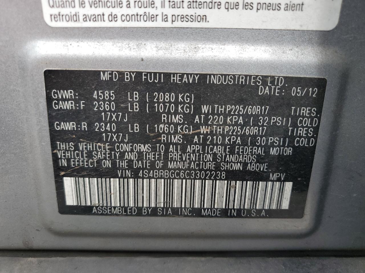 2012 Subaru Outback 2.5I Premium VIN: 4S4BRBGC6C3302238 Lot: 63164375