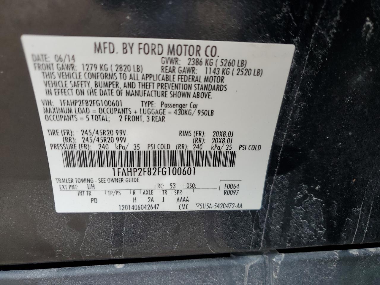 2015 Ford Taurus Limited VIN: 1FAHP2F82FG100601 Lot: 64804835