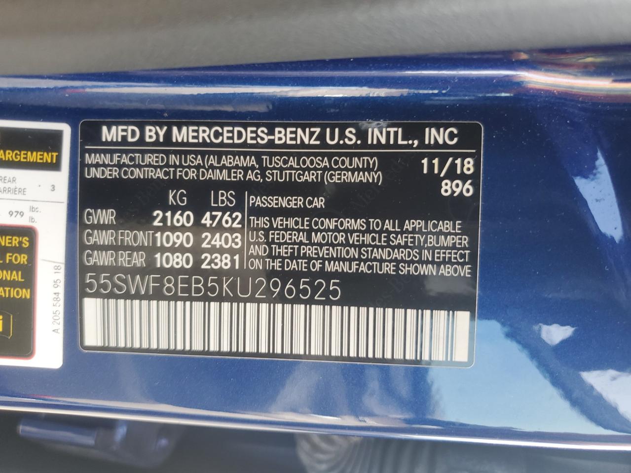 2019 Mercedes-Benz C 300 4Matic VIN: 55SWF8EB5KU296525 Lot: 62862135
