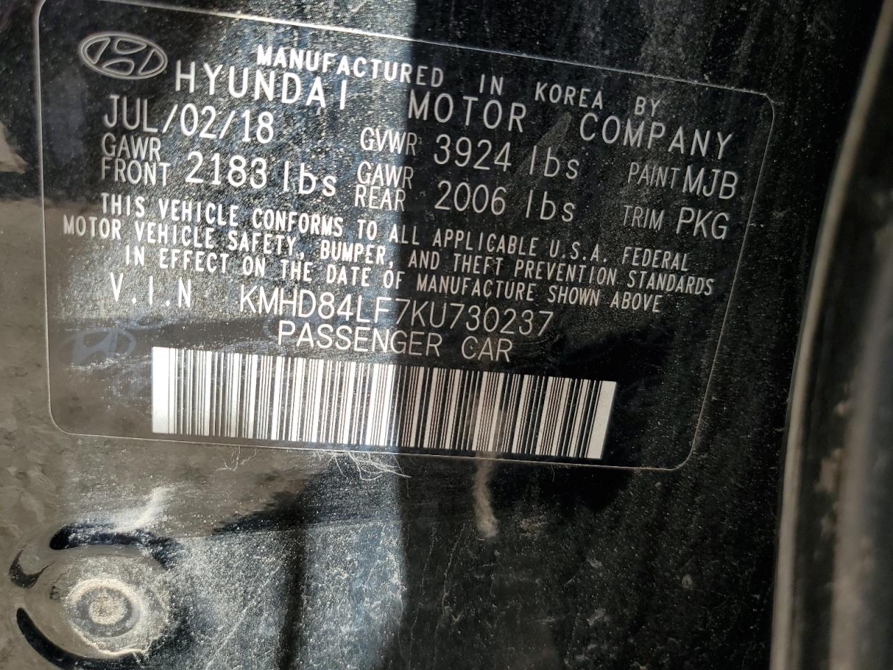 2019 Hyundai Elantra Sel VIN: KMHD84LF7KU730237 Lot: 63857425