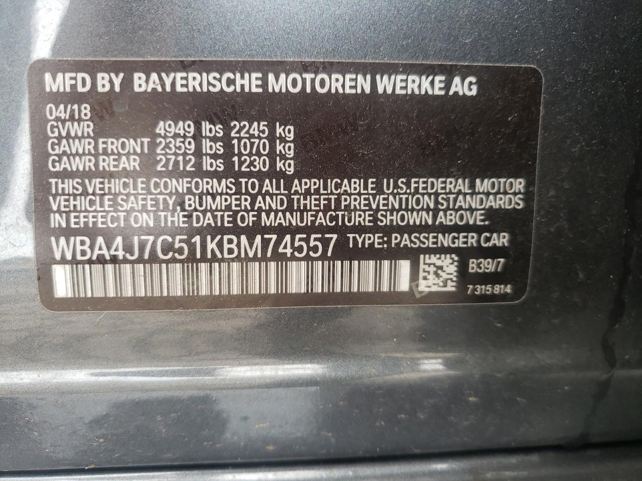 2019 BMW 440Xi Gran Coupe VIN: WBA4J7C51KBM74557 Lot: 63006145