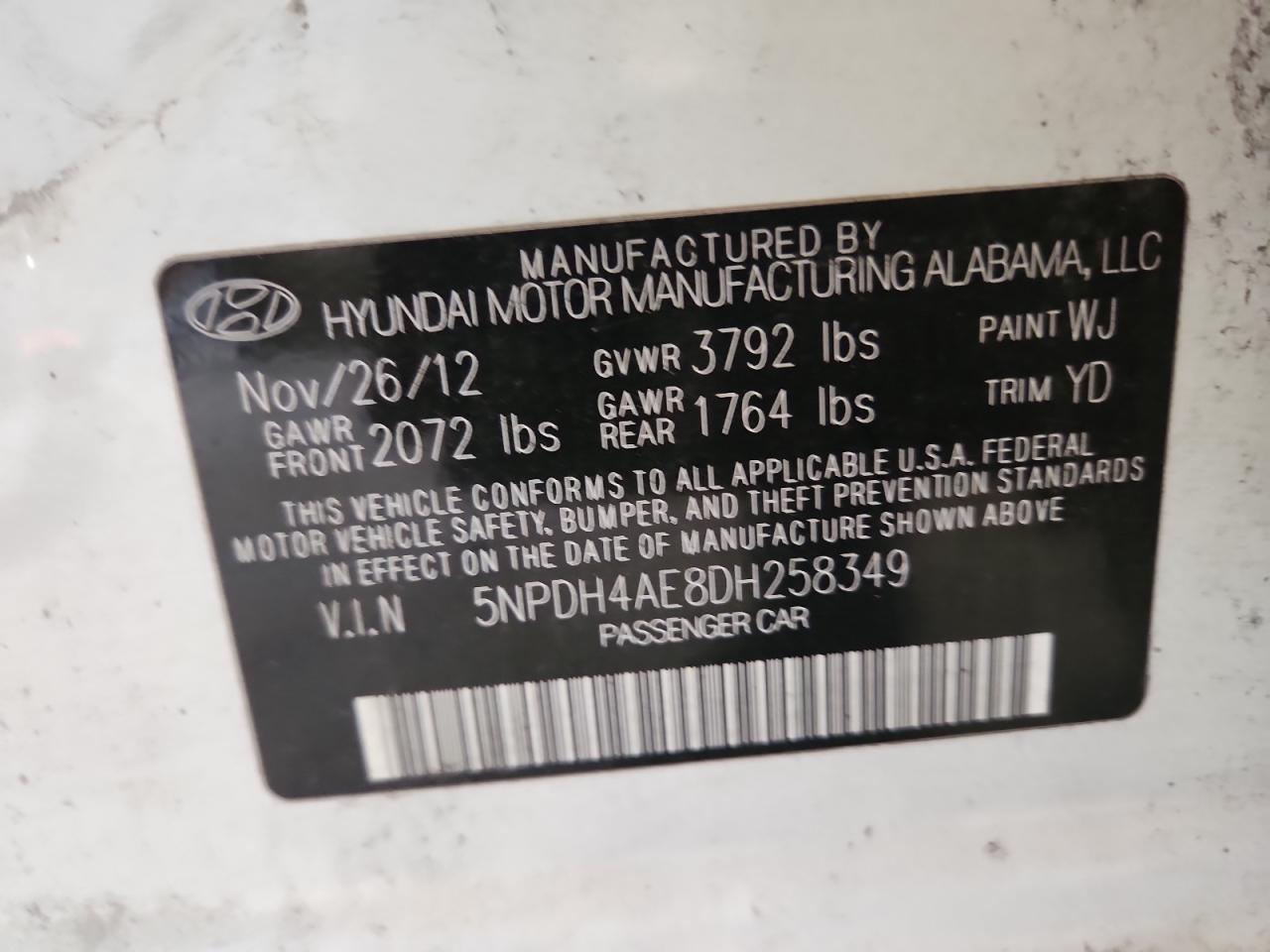 2013 Hyundai Elantra Gls VIN: 5NPDH4AE8DH258349 Lot: 62981235