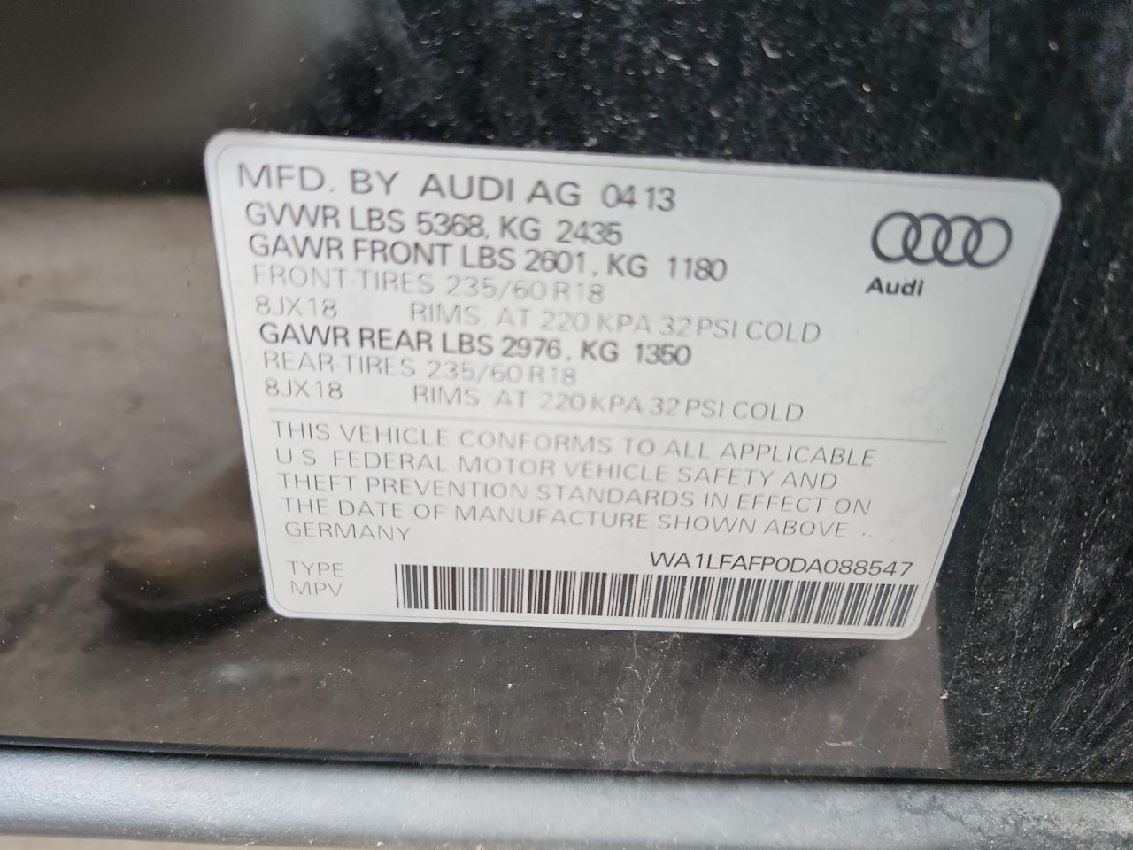2013 Audi Q5 Premium Plus VIN: WA1LFAFP0DA088547 Lot: 64335275