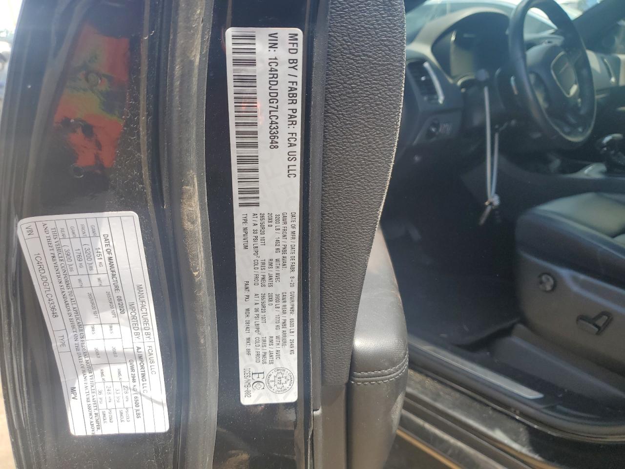 2020 Dodge Durango Gt VIN: 1C4RDJDG7LC433648 Lot: 63941365