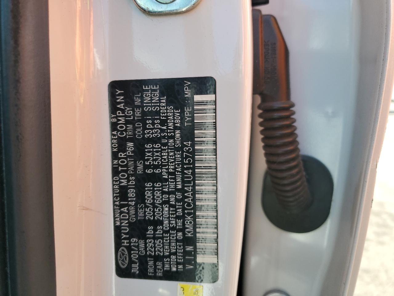 2020 Hyundai Kona Se VIN: KM8K1CAA4LU415734 Lot: 65961385