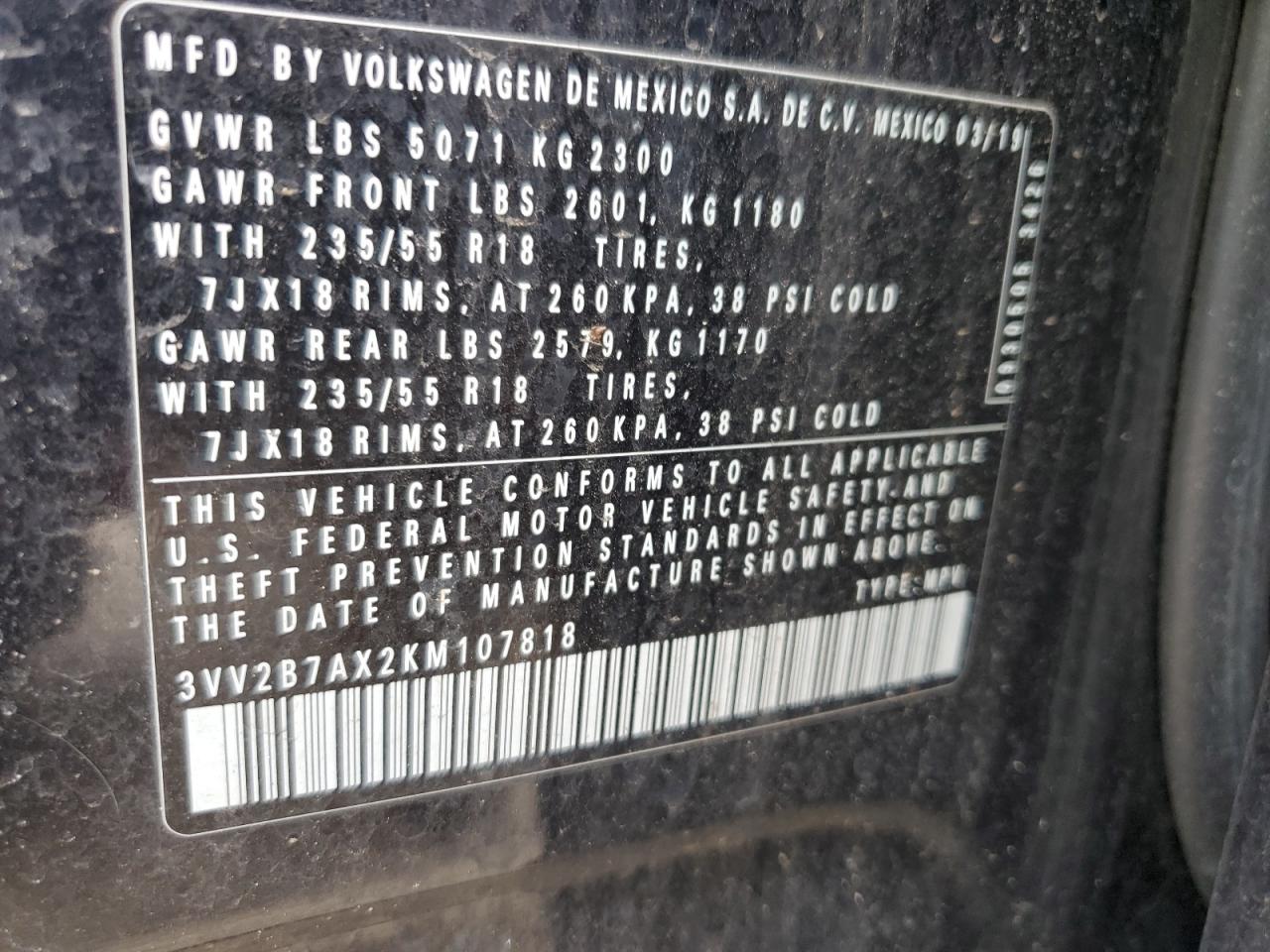2019 Volkswagen Tiguan Se VIN: 3VV2B7AX2KM107818 Lot: 63676545