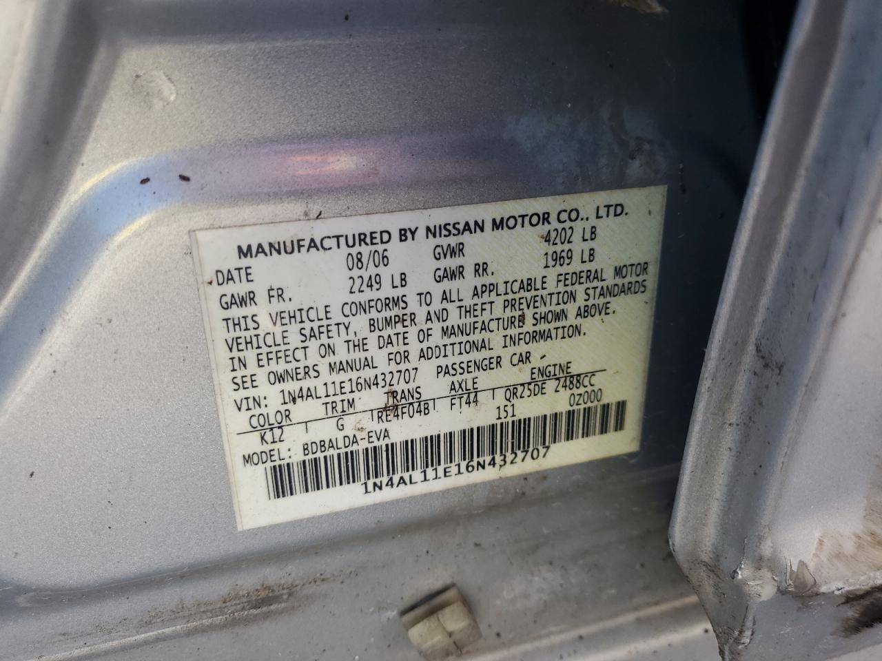 2006 Nissan Altima S VIN: 1N4AL11E16N432707 Lot: 65434345