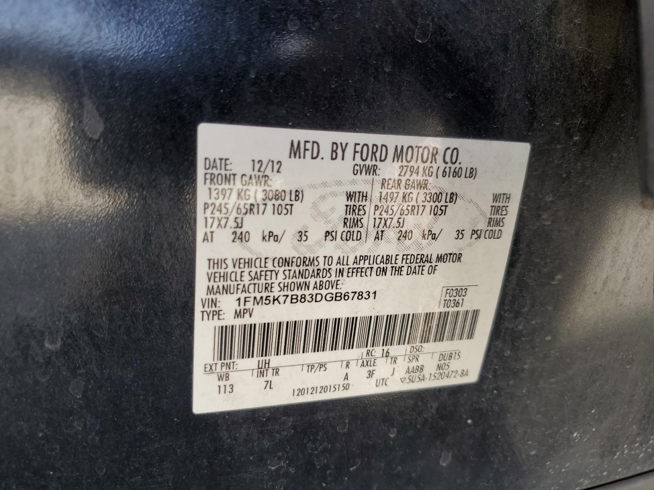 2013 Ford Explorer VIN: 1FM5K7B83DGB67831 Lot: 65780655