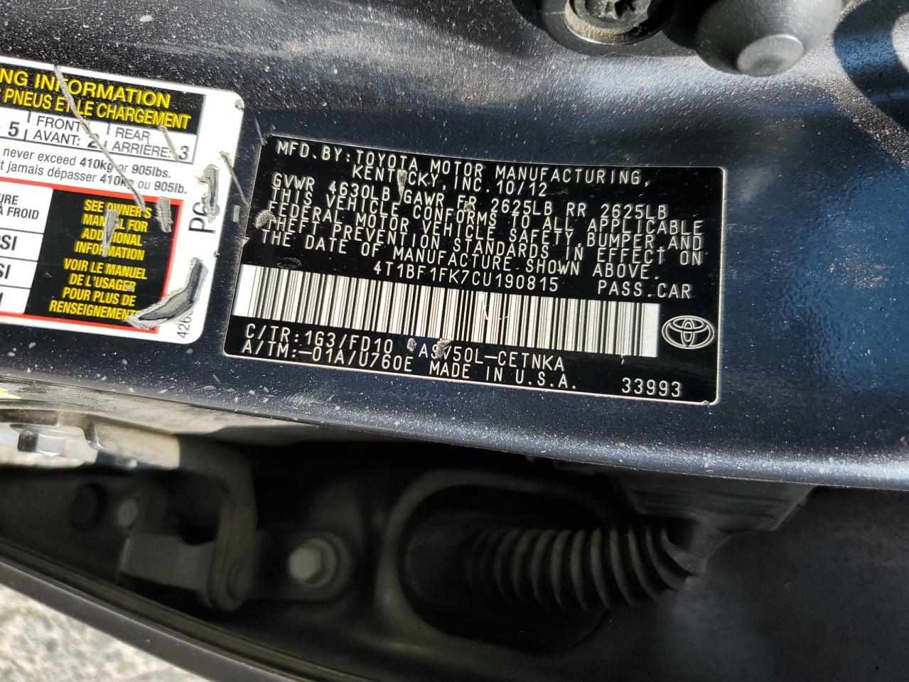 2012 Toyota Camry Base VIN: 4T1BF1FK7CU190815 Lot: 64790845