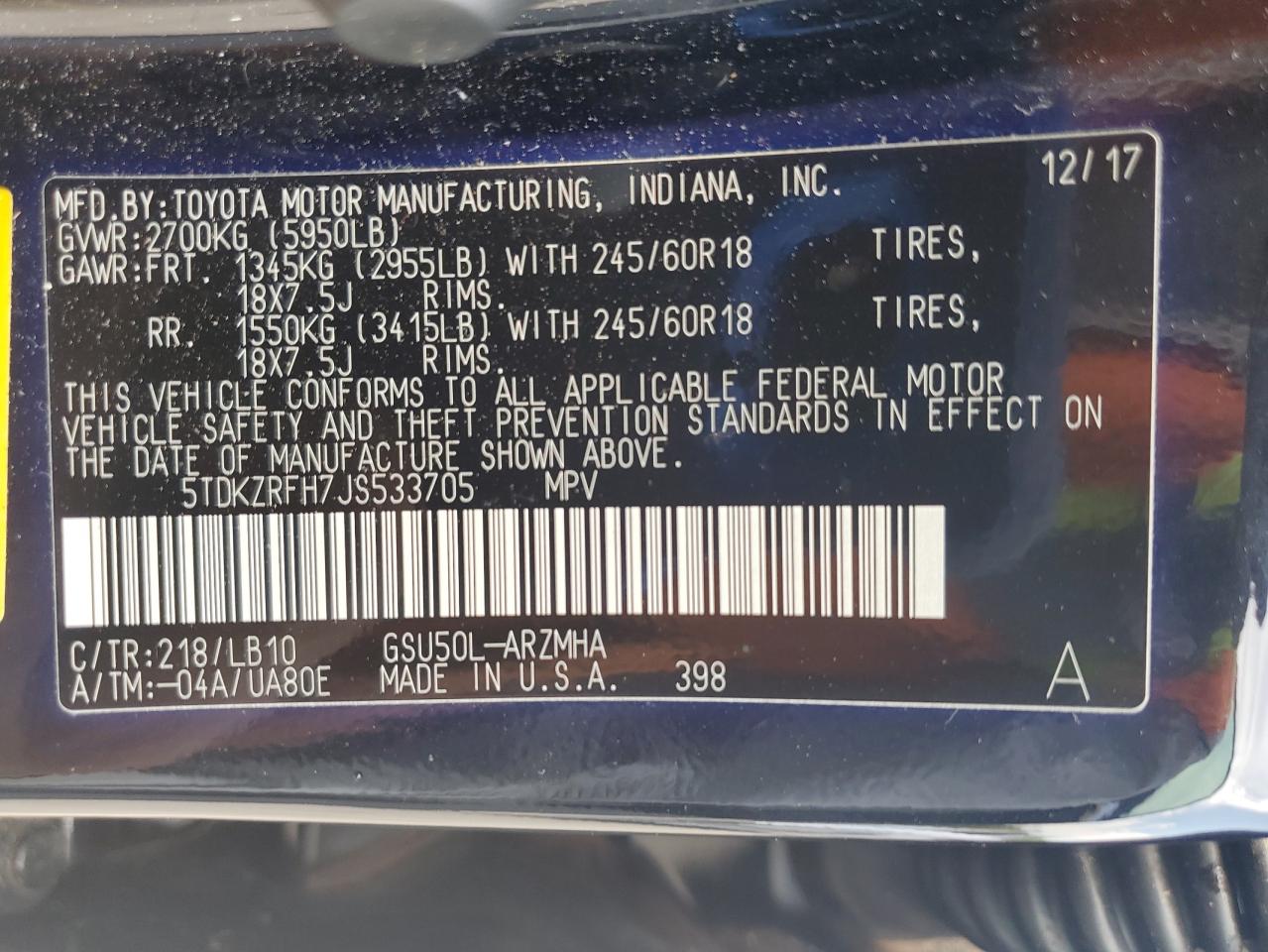 2018 Toyota Highlander Se VIN: 5TDKZRFH7JS533705 Lot: 66550945