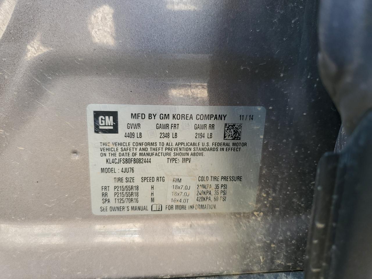 2015 Buick Encore Convenience VIN: KL4CJFSB0FB082444 Lot: 64595715
