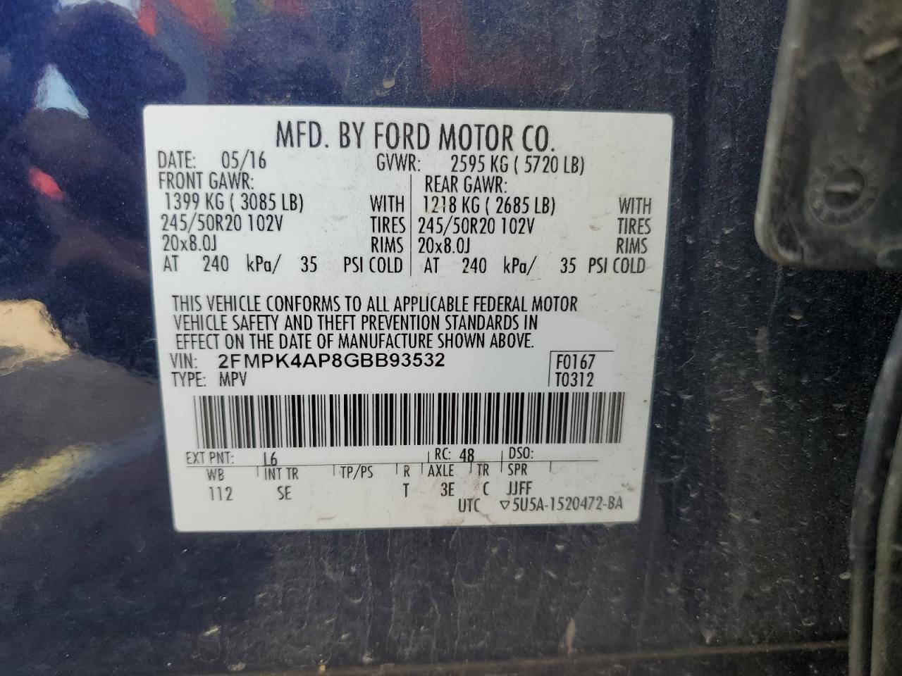 2016 Ford Edge Sport VIN: 2FMPK4AP8GBB93532 Lot: 64286765