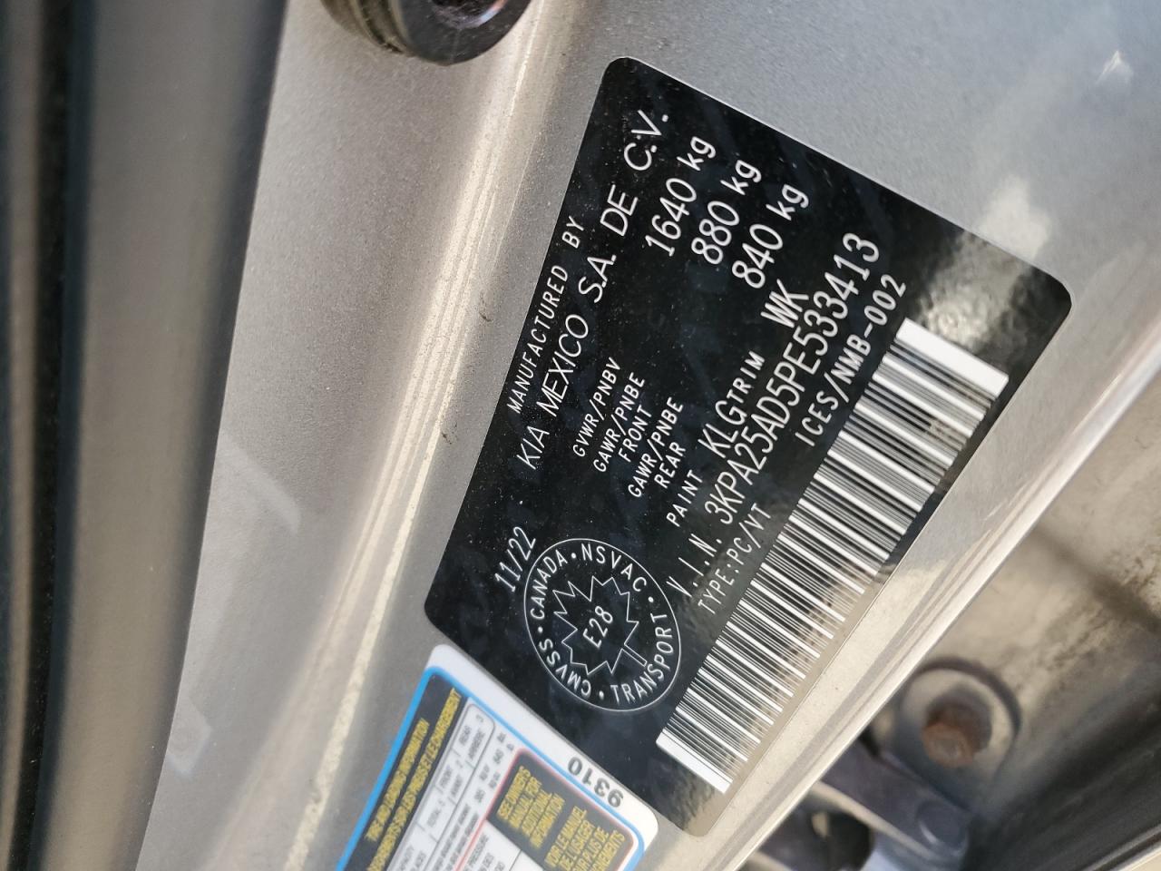 2023 Kia Rio S VIN: 3KPA25AD5PE533413 Lot: 64589275