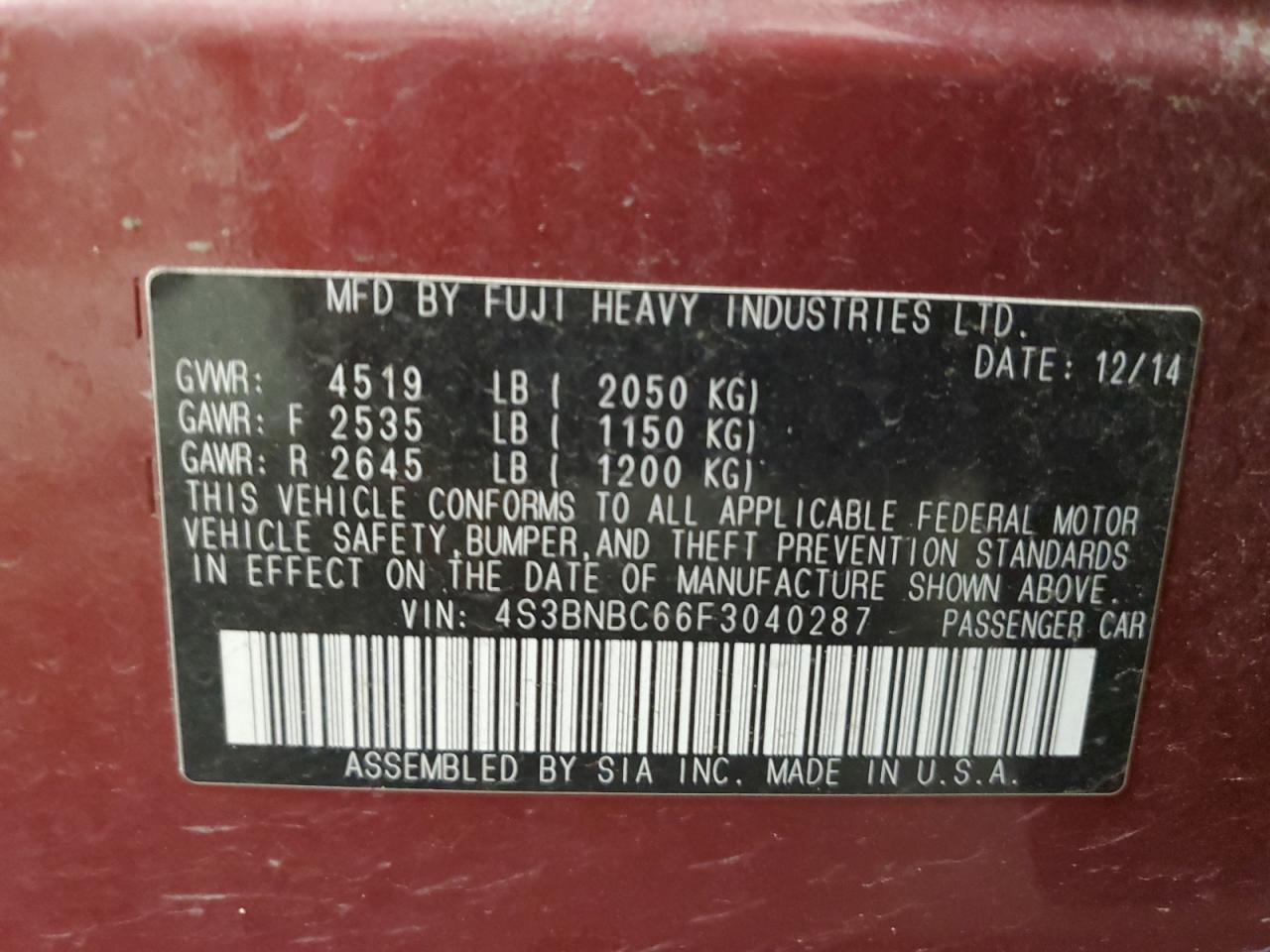 2015 Subaru Legacy 2.5I Premium VIN: 4S3BNBC66F3040287 Lot: 65838035