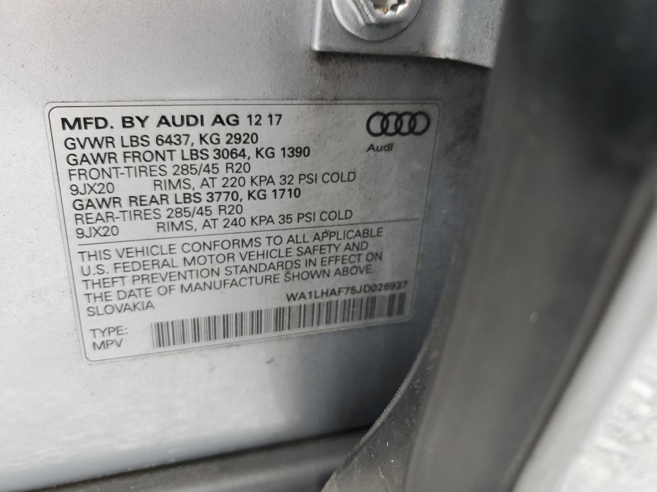 2018 Audi Q7 Premium Plus VIN: WA1LHAF75JD026937 Lot: 63379015