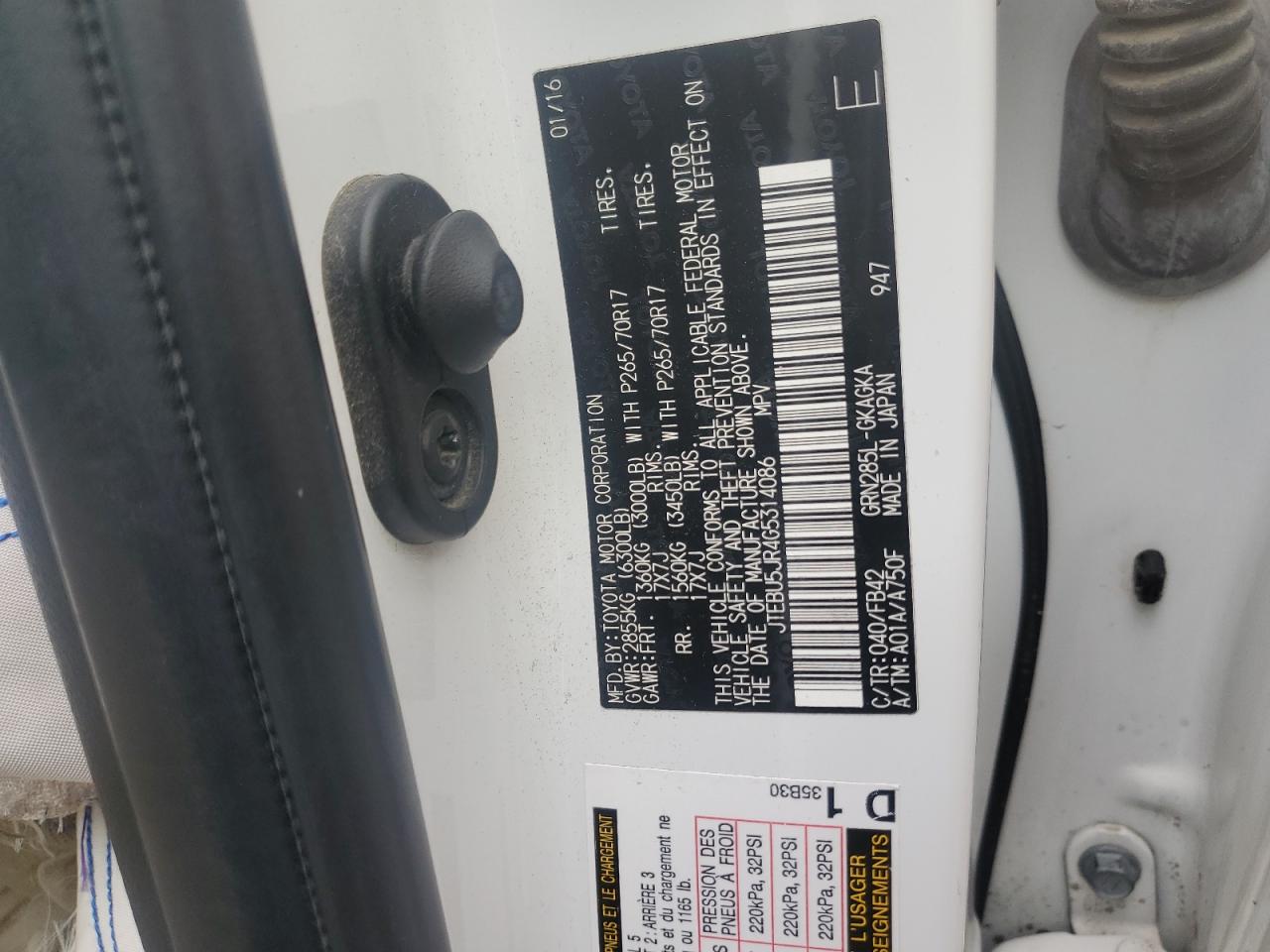 2016 Toyota 4Runner Sr5/Sr5 Premium VIN: JTEBU5JR4G5314086 Lot: 66079605