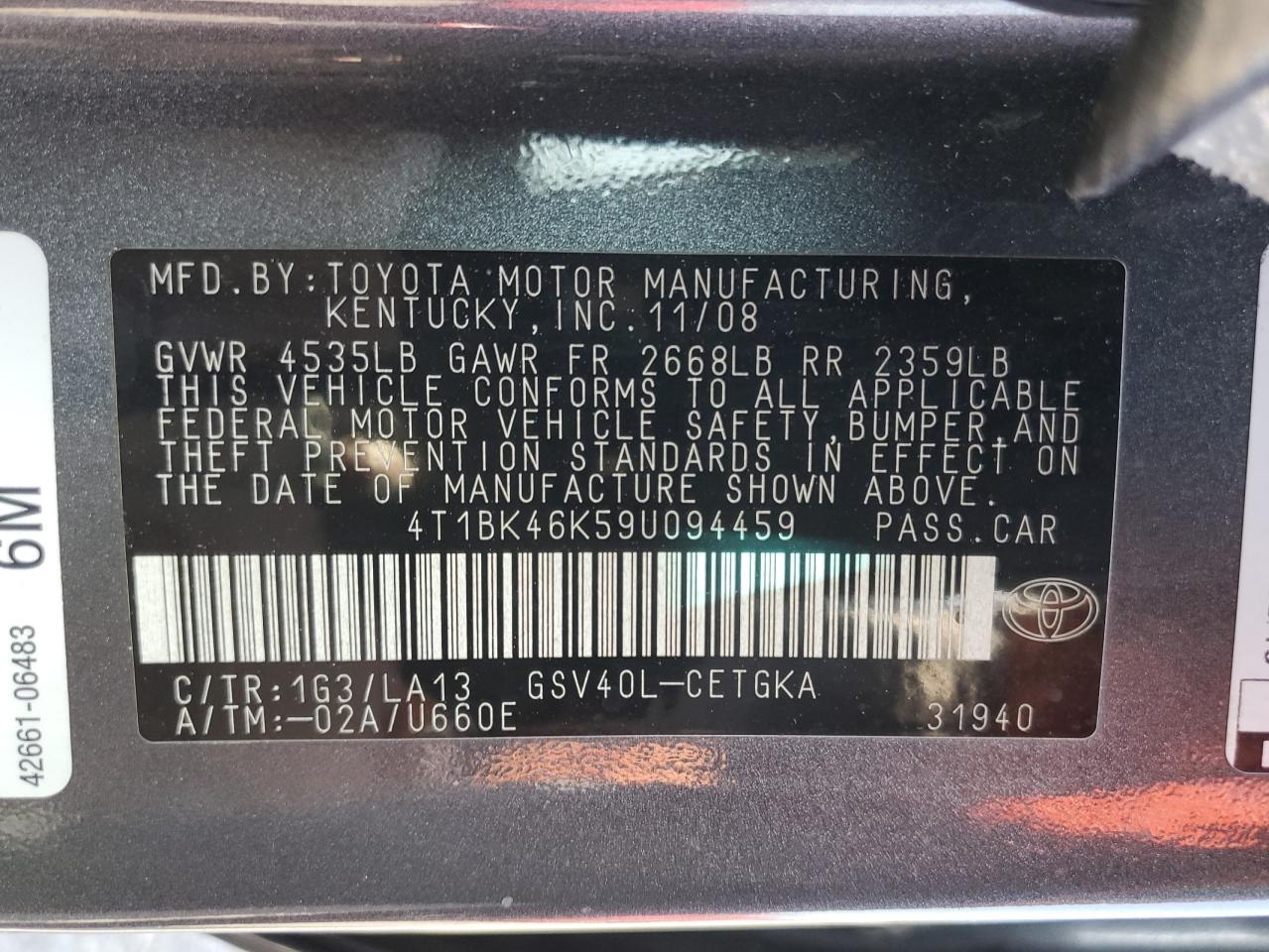 2009 Toyota Camry Se VIN: 4T1BK46K59U094459 Lot: 64895245